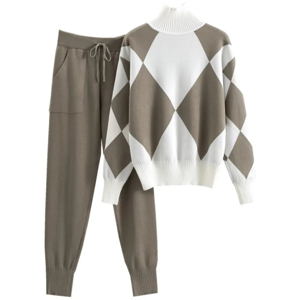 The Diamond Check — Knitted Turtleneck Sweater & Pants Set