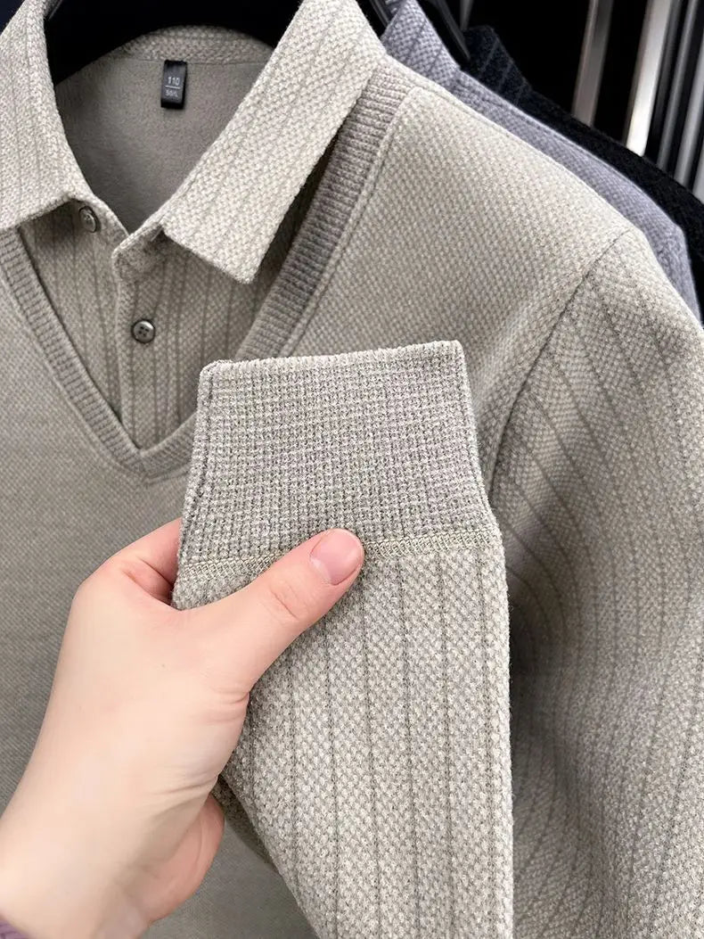 The Woolby Knit— Polo Collar Stripe Patchwork Thickened Wool Sweater