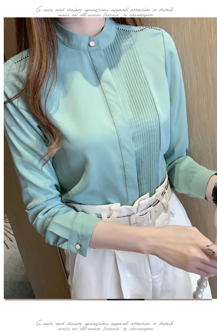 The Office Muse — Pleated Bib Stand Collar Long Sleeve Chiffon Blouse