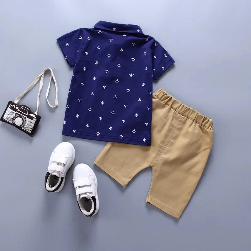The Anchor Print — Cotton-Blend Short Sleeve Shorts Set