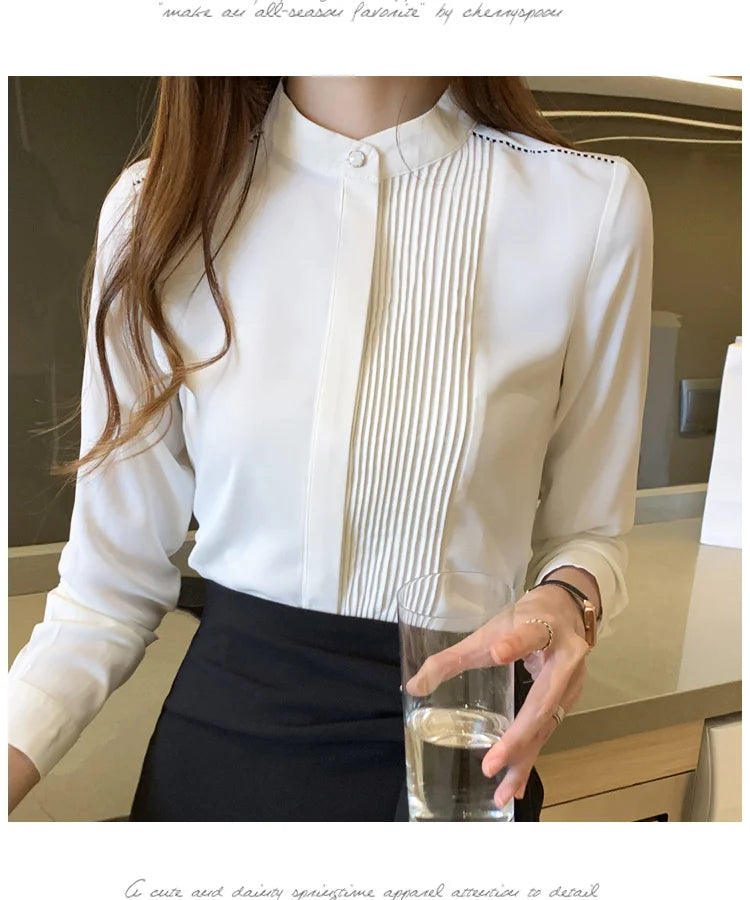 The Office Muse — Pleated Bib Stand Collar Long Sleeve Chiffon Blouse