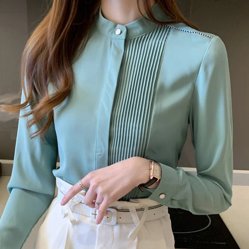 The Office Muse — Pleated Bib Stand Collar Long Sleeve Chiffon Blouse