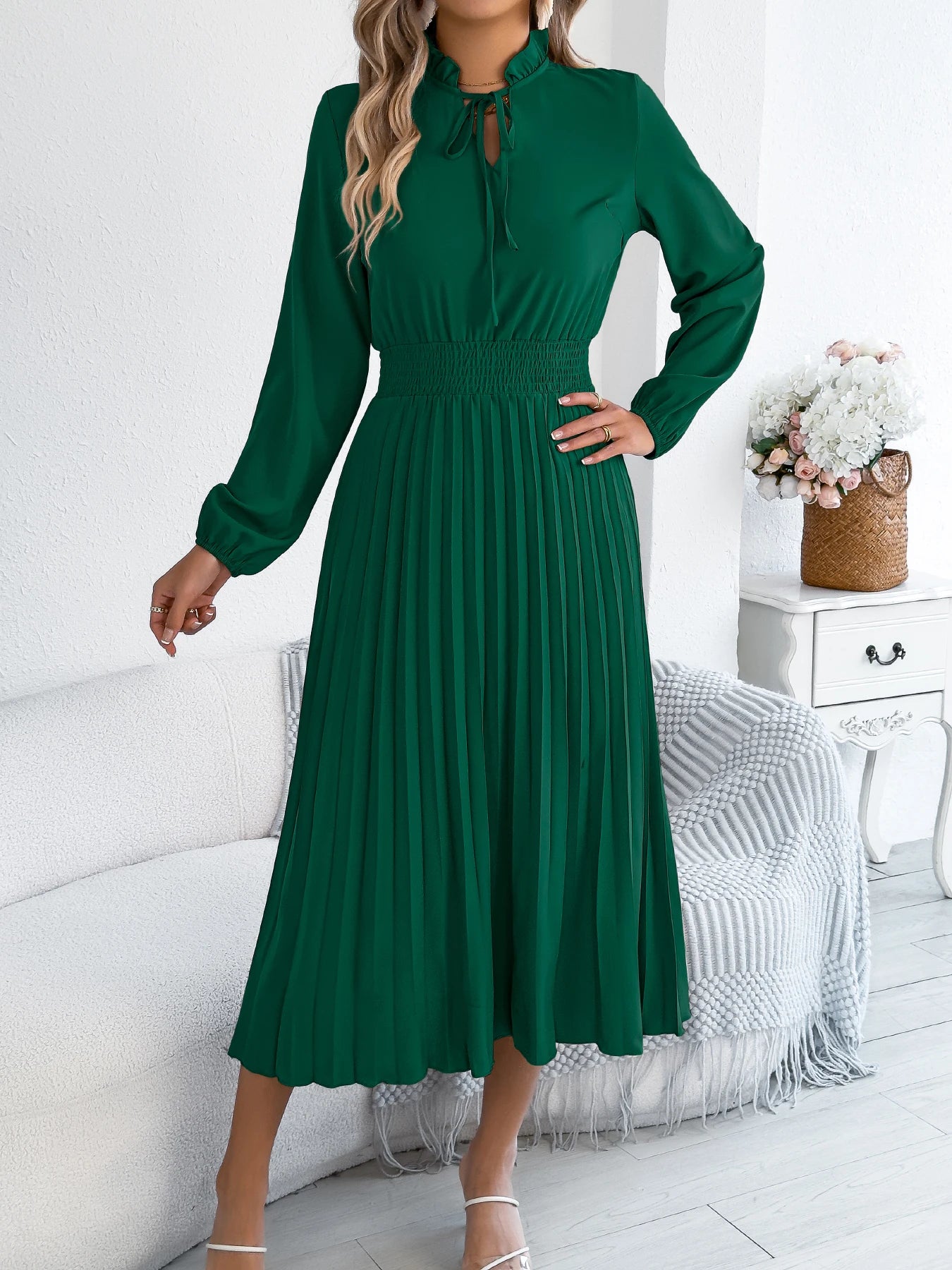 The Pleated Drape — V-Neck Lace-Up Pleated Maxi Dress