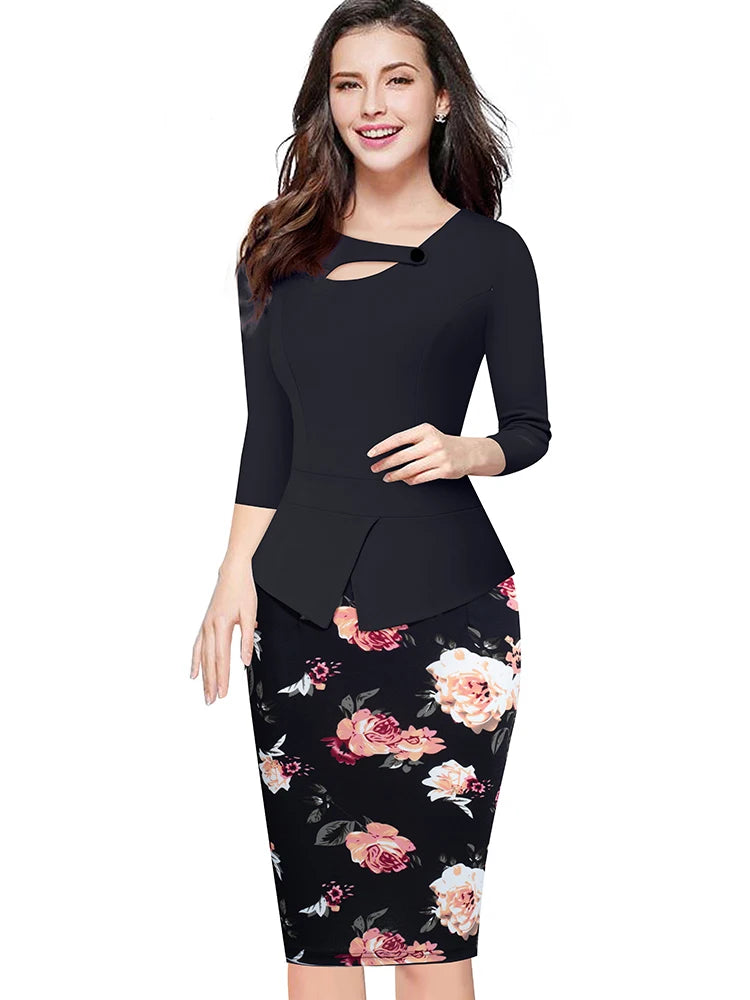 The Garden Party — Floral Patchwork Button ¾ Sleeve Bodycon Dress