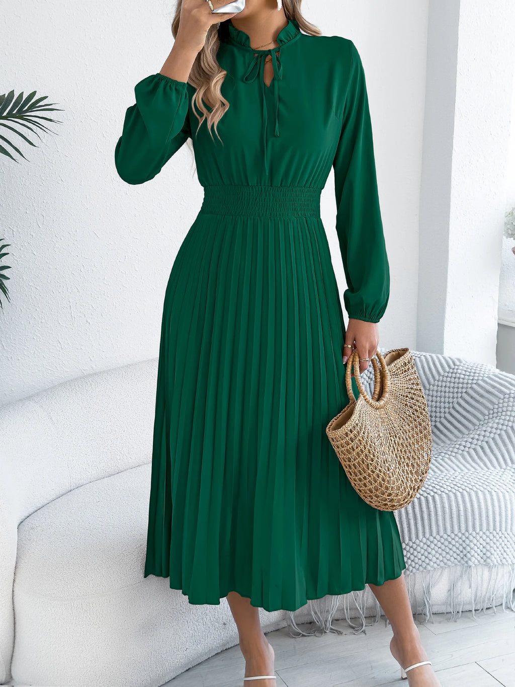 The Pleated Drape — V-Neck Lace-Up Pleated Maxi Dress
