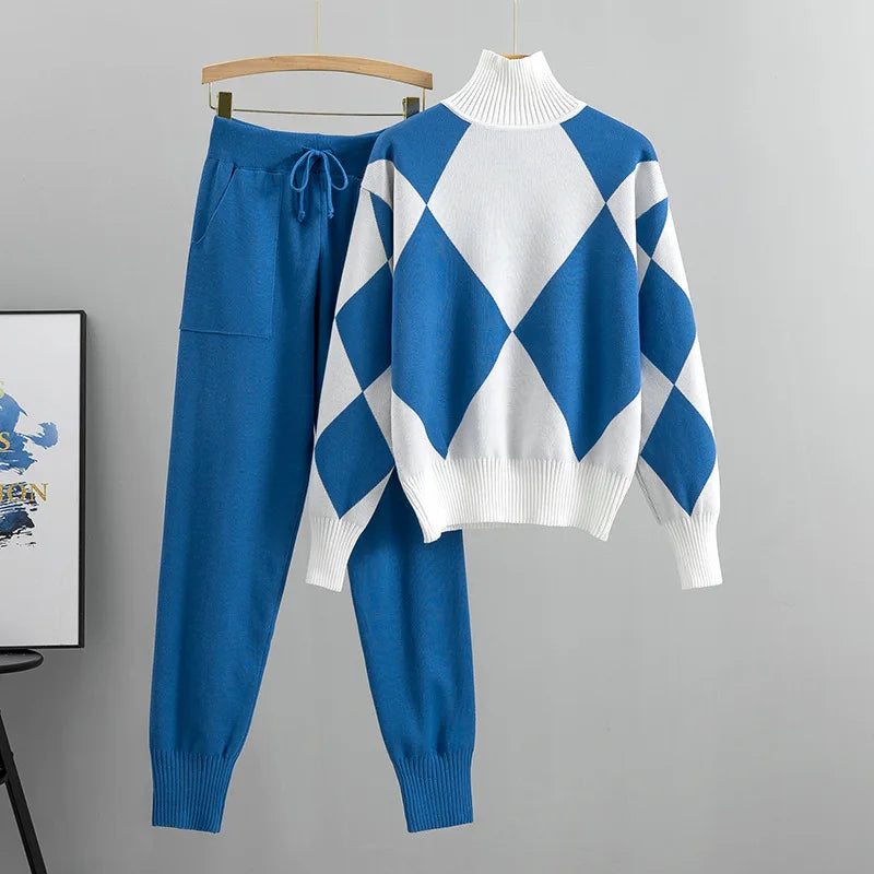 The Diamond Check — Knitted Turtleneck Sweater & Pants Set