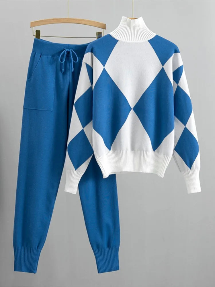 The Diamond Check — Knitted Turtleneck Sweater & Pants Set
