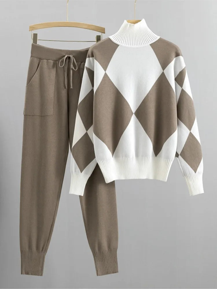 The Diamond Check — Knitted Turtleneck Sweater & Pants Set