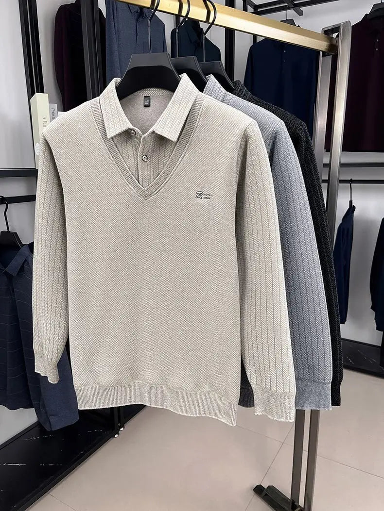 The Woolby Knit— Polo Collar Stripe Patchwork Thickened Wool Sweater