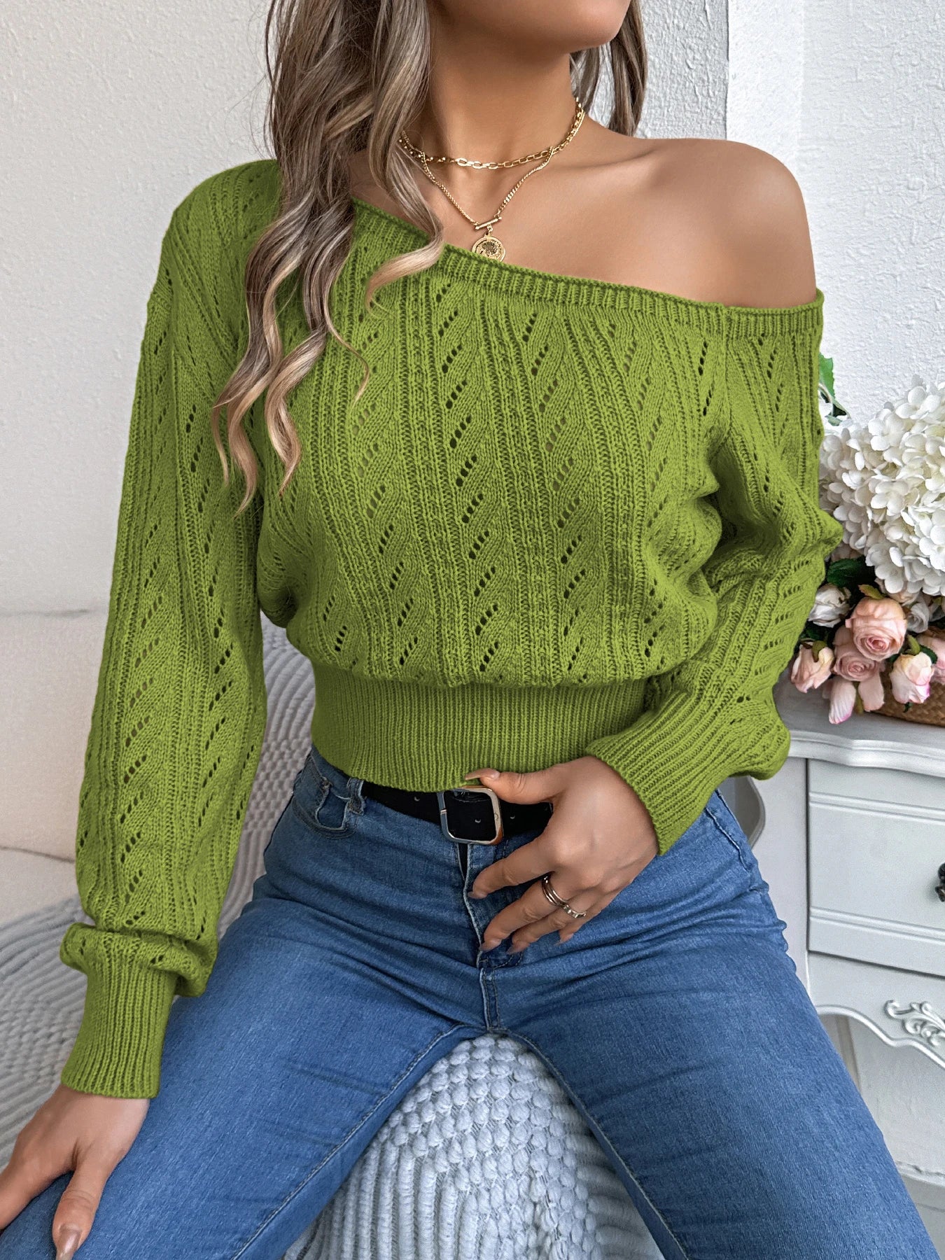 The Slouch Edit — Slash Neck Off-Shoulder Long Sleeve Knitted Pullover