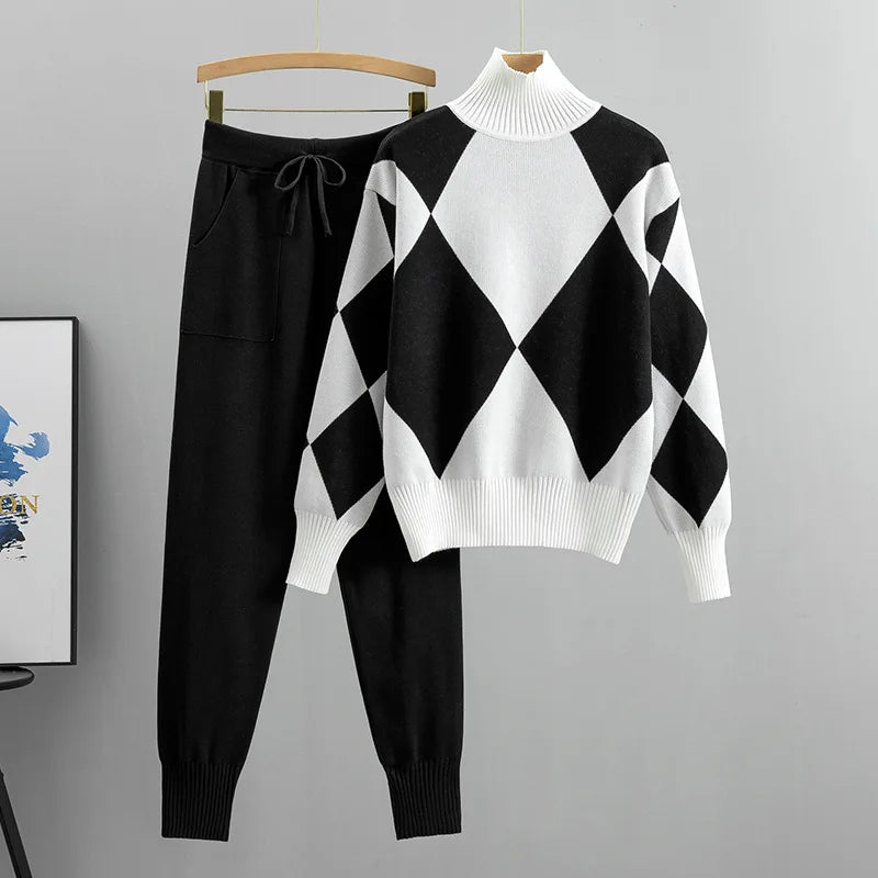 The Diamond Check — Knitted Turtleneck Sweater & Pants Set