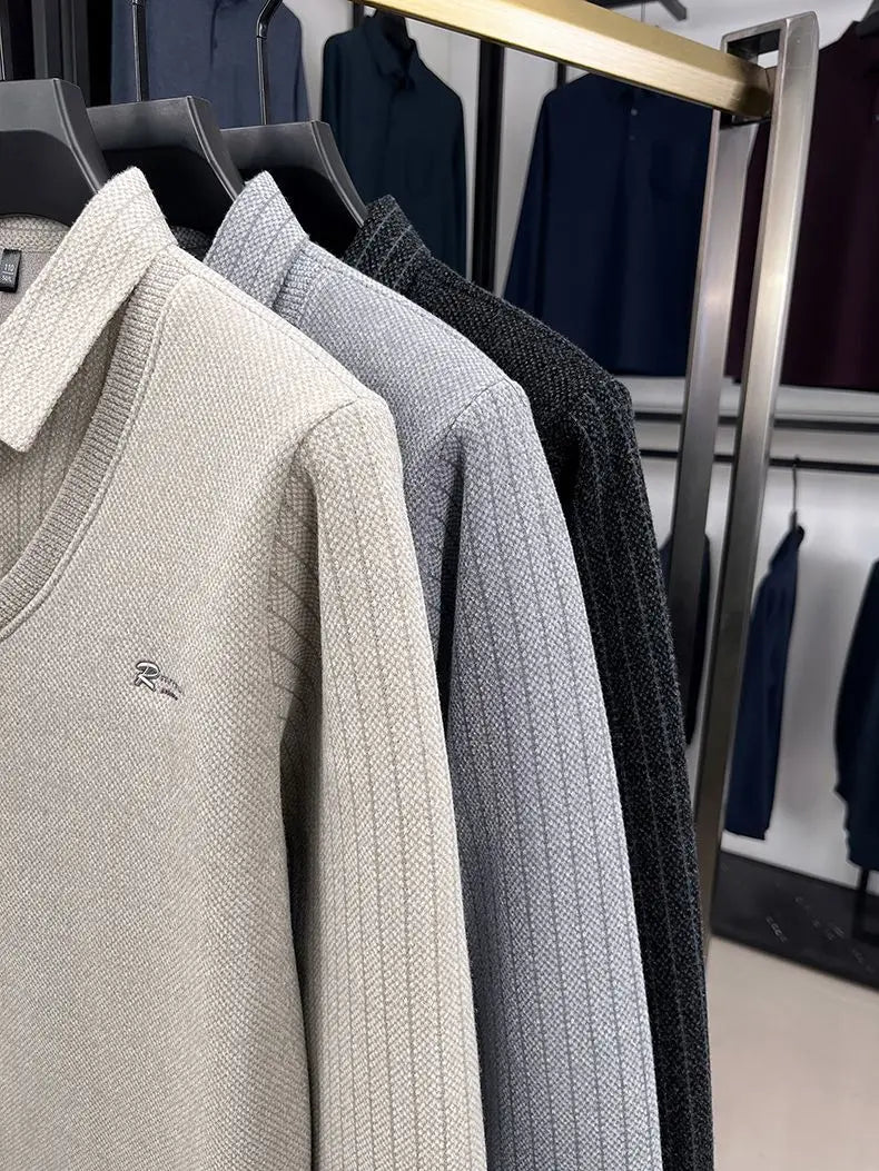 The Woolby Knit— Polo Collar Stripe Patchwork Thickened Wool Sweater