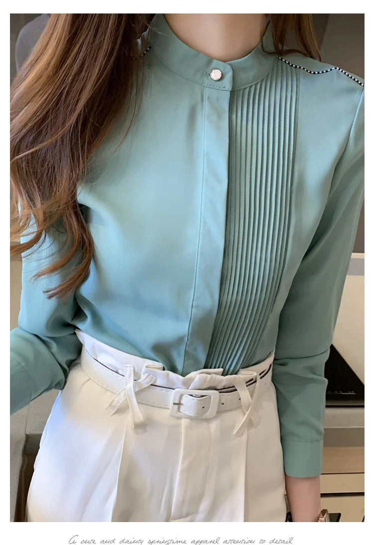 The Office Muse — Pleated Bib Stand Collar Long Sleeve Chiffon Blouse