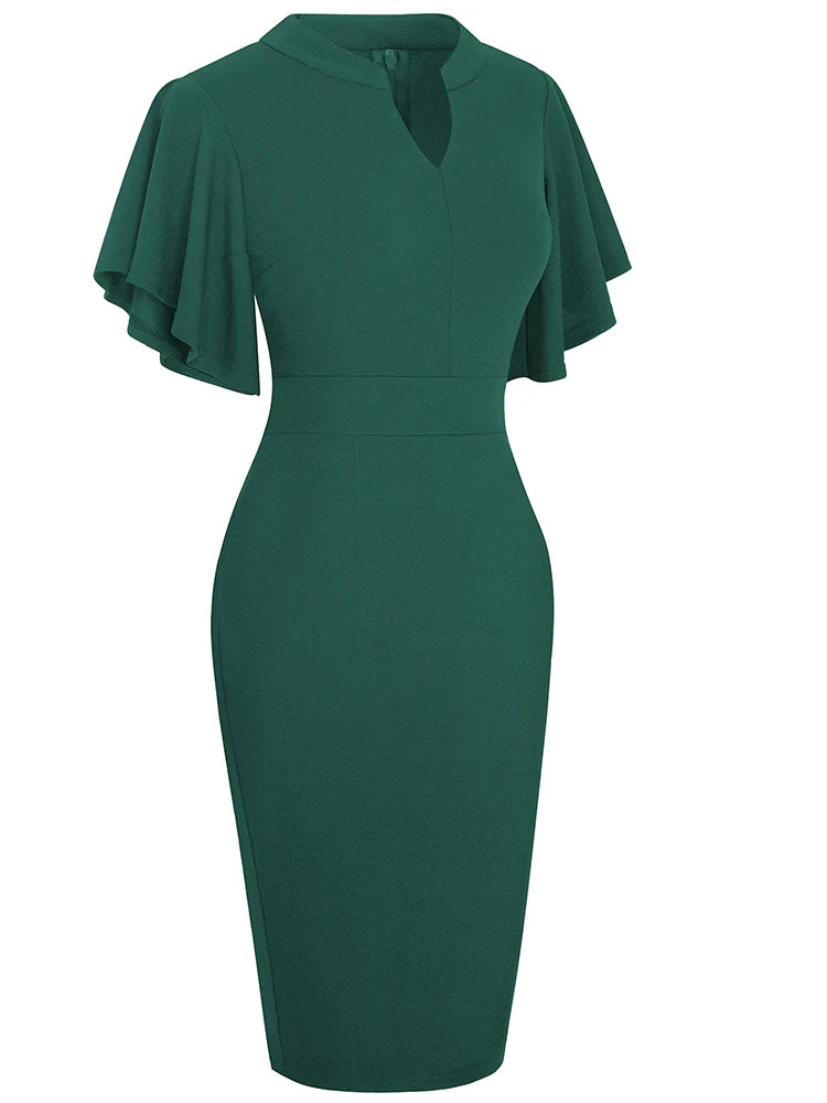 The Ruffle Edit — Solid Colour Short Sleeve Ruffle Bodycon Pencil Dress