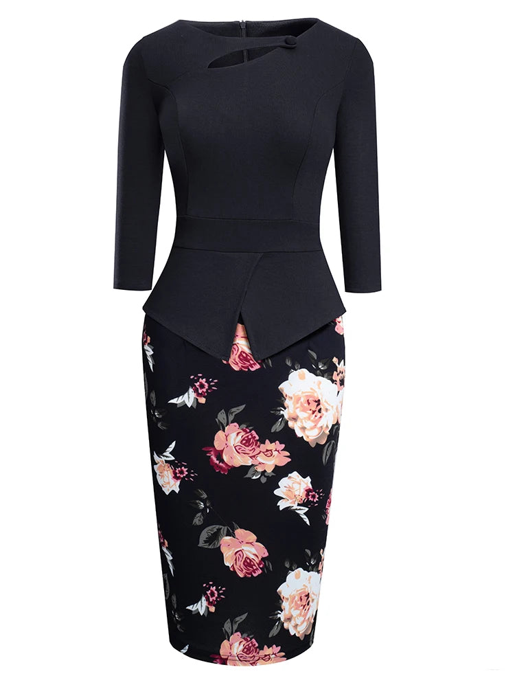 The Garden Party — Floral Patchwork Button ¾ Sleeve Bodycon Dress