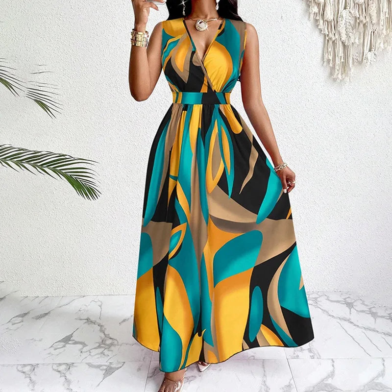 The Soleil Maxi — Printed V-Neck Sleeveless Maxi Dress