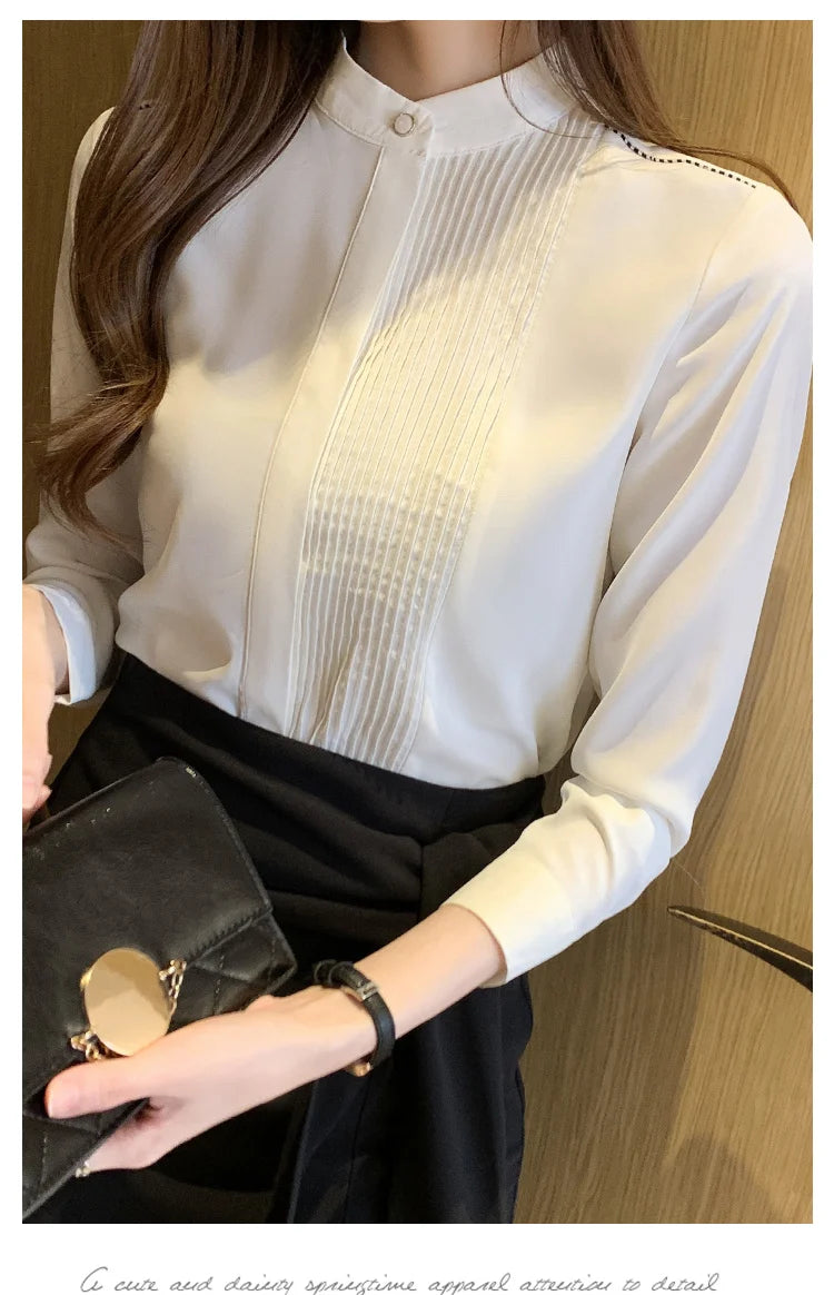 The Office Muse — Pleated Bib Stand Collar Long Sleeve Chiffon Blouse