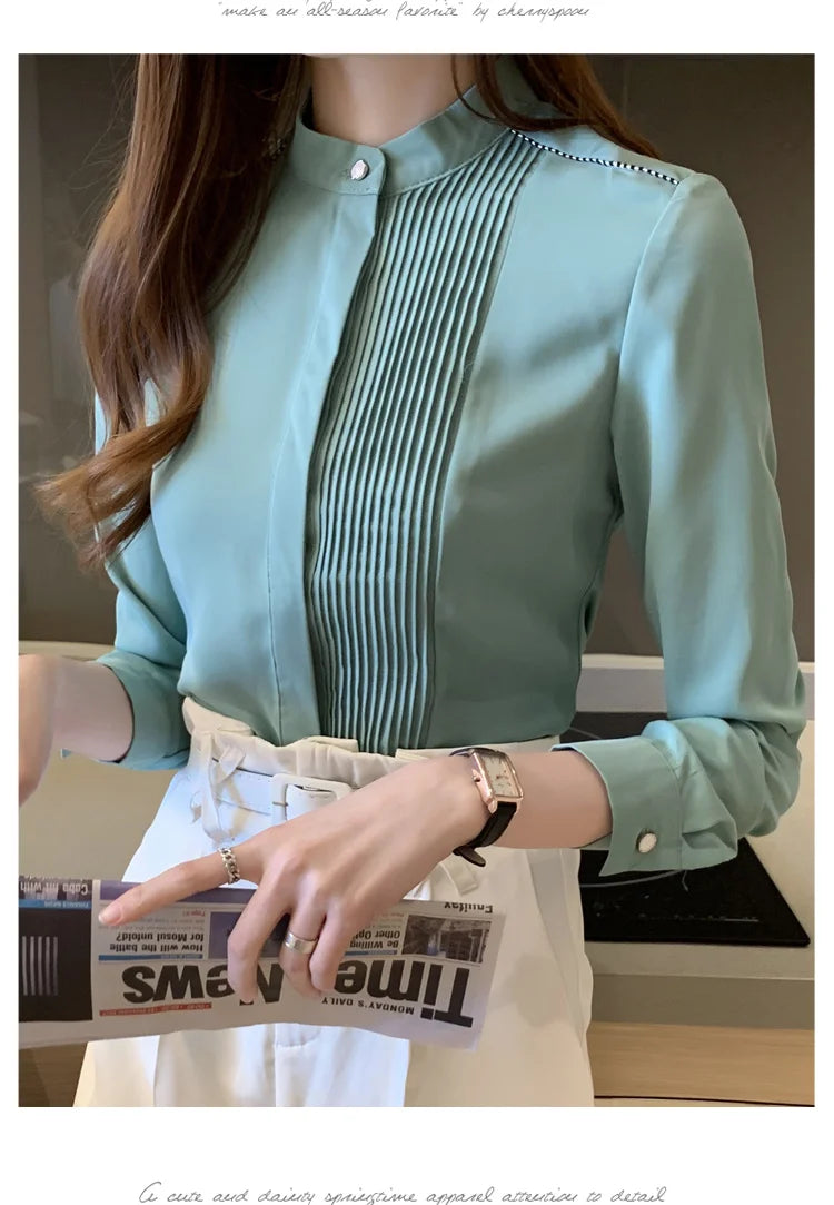 The Office Muse — Pleated Bib Stand Collar Long Sleeve Chiffon Blouse