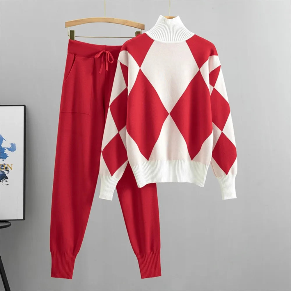 The Diamond Check — Knitted Turtleneck Sweater & Pants Set