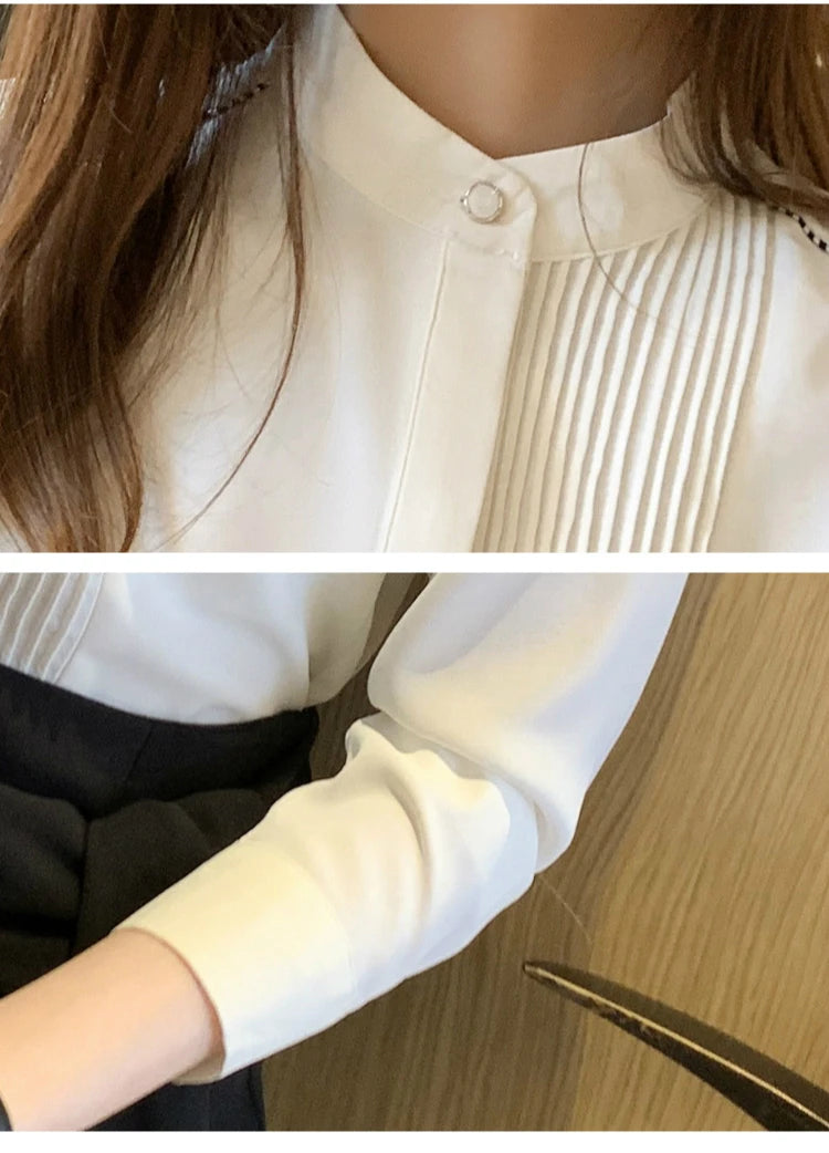 The Office Muse — Pleated Bib Stand Collar Long Sleeve Chiffon Blouse