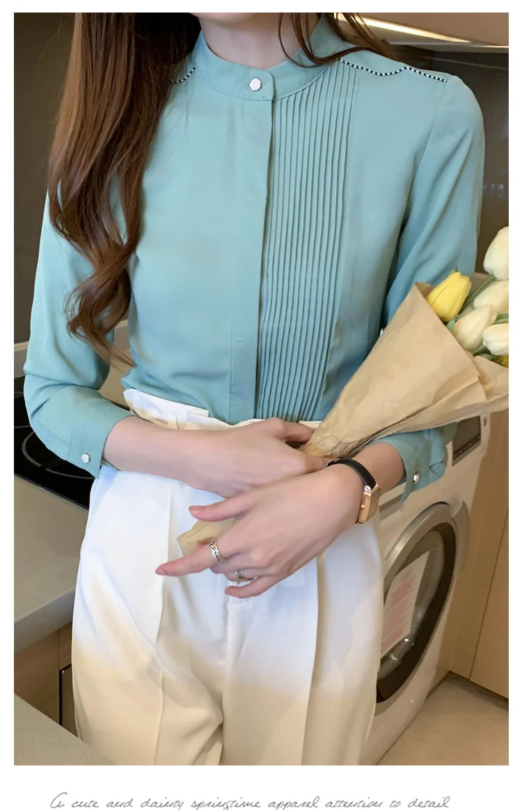 The Office Muse — Pleated Bib Stand Collar Long Sleeve Chiffon Blouse