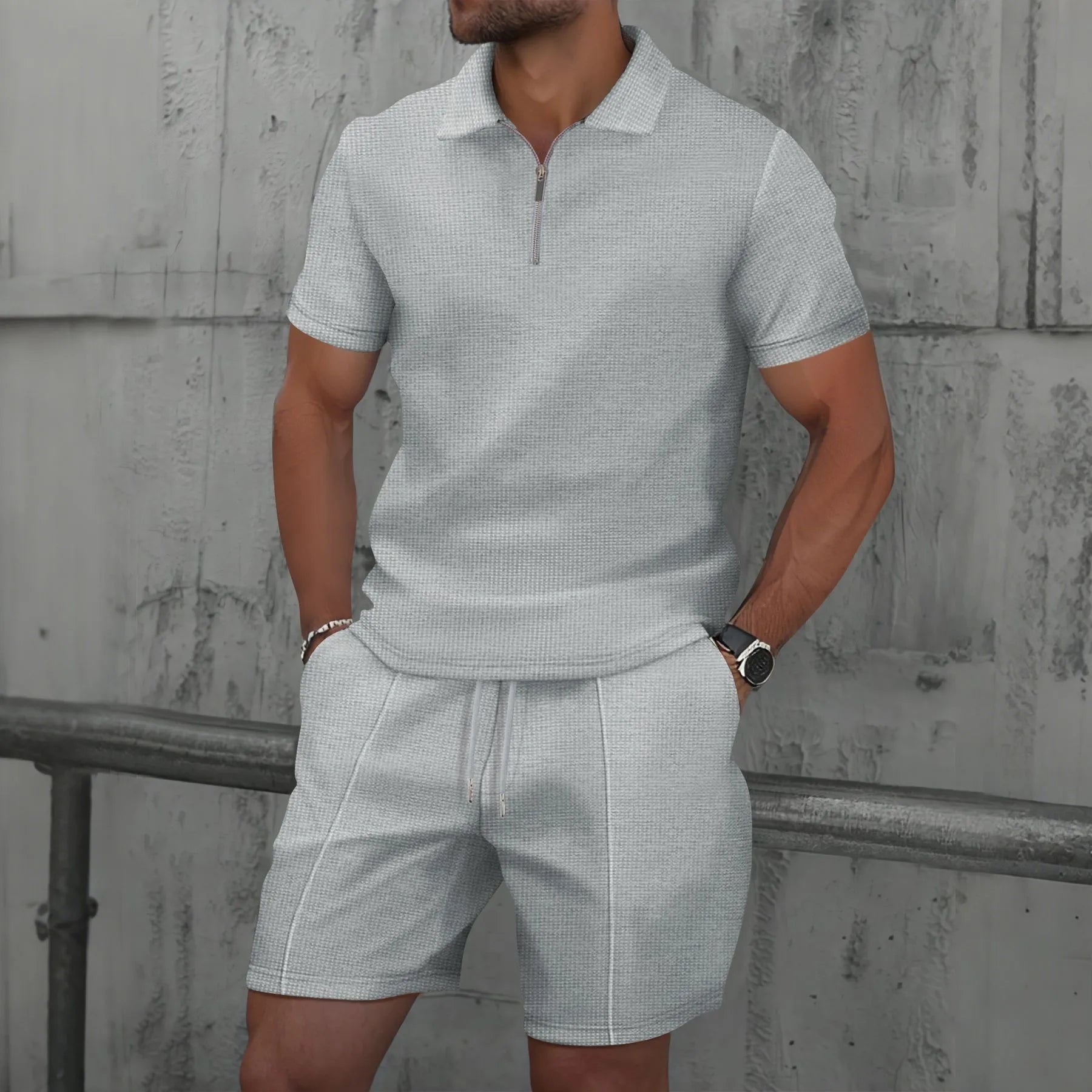 The Munice Set — Waffle-Knit Zip-Up Lapel Suit & Shorts