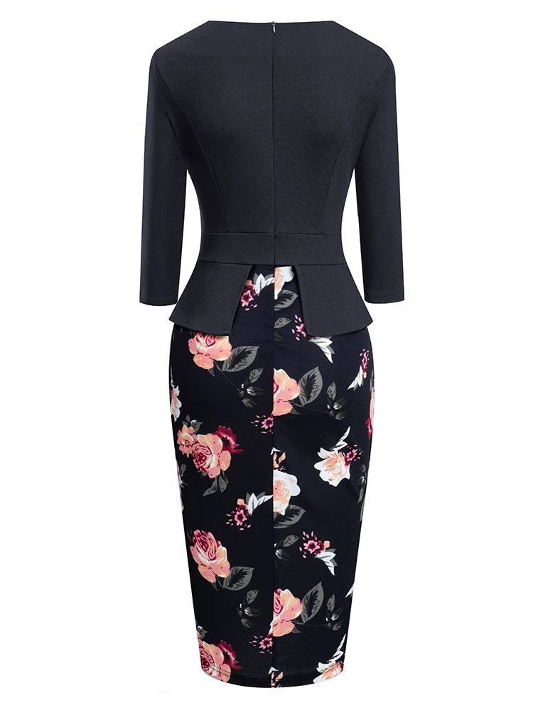 The Garden Party — Floral Patchwork Button ¾ Sleeve Bodycon Dress