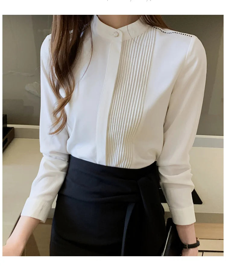 The Office Muse — Pleated Bib Stand Collar Long Sleeve Chiffon Blouse