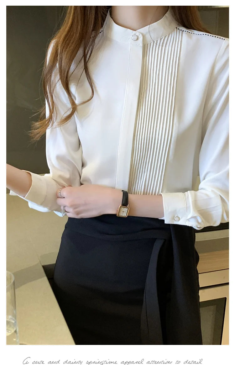 The Office Muse — Pleated Bib Stand Collar Long Sleeve Chiffon Blouse
