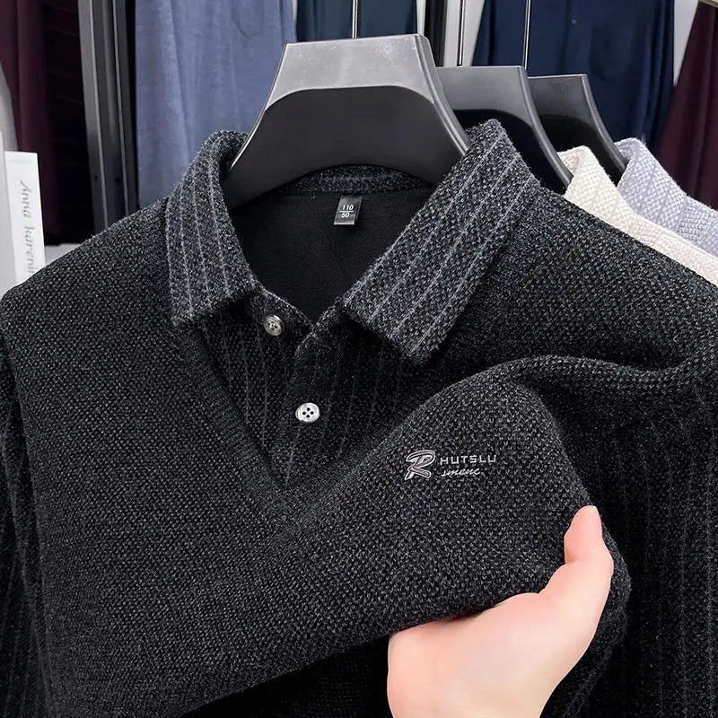 The Woolby Knit— Polo Collar Stripe Patchwork Thickened Wool Sweater