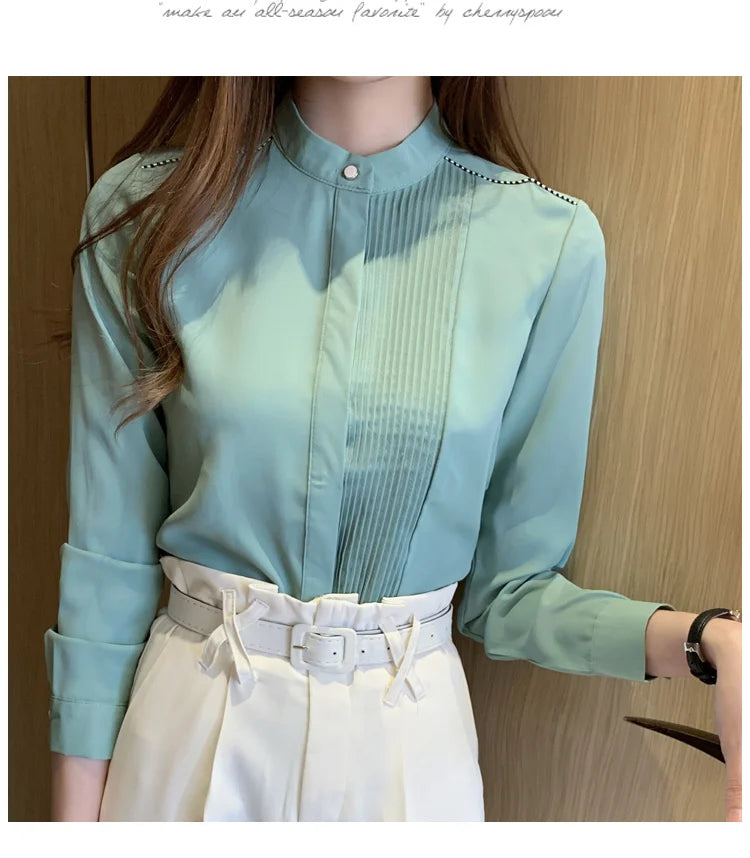 The Office Muse — Pleated Bib Stand Collar Long Sleeve Chiffon Blouse