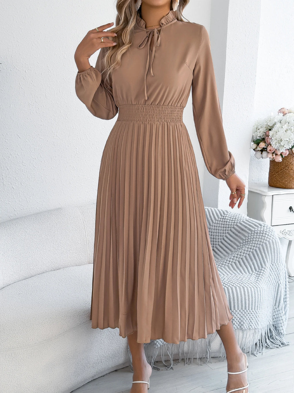 The Pleated Drape — V-Neck Lace-Up Pleated Maxi Dress