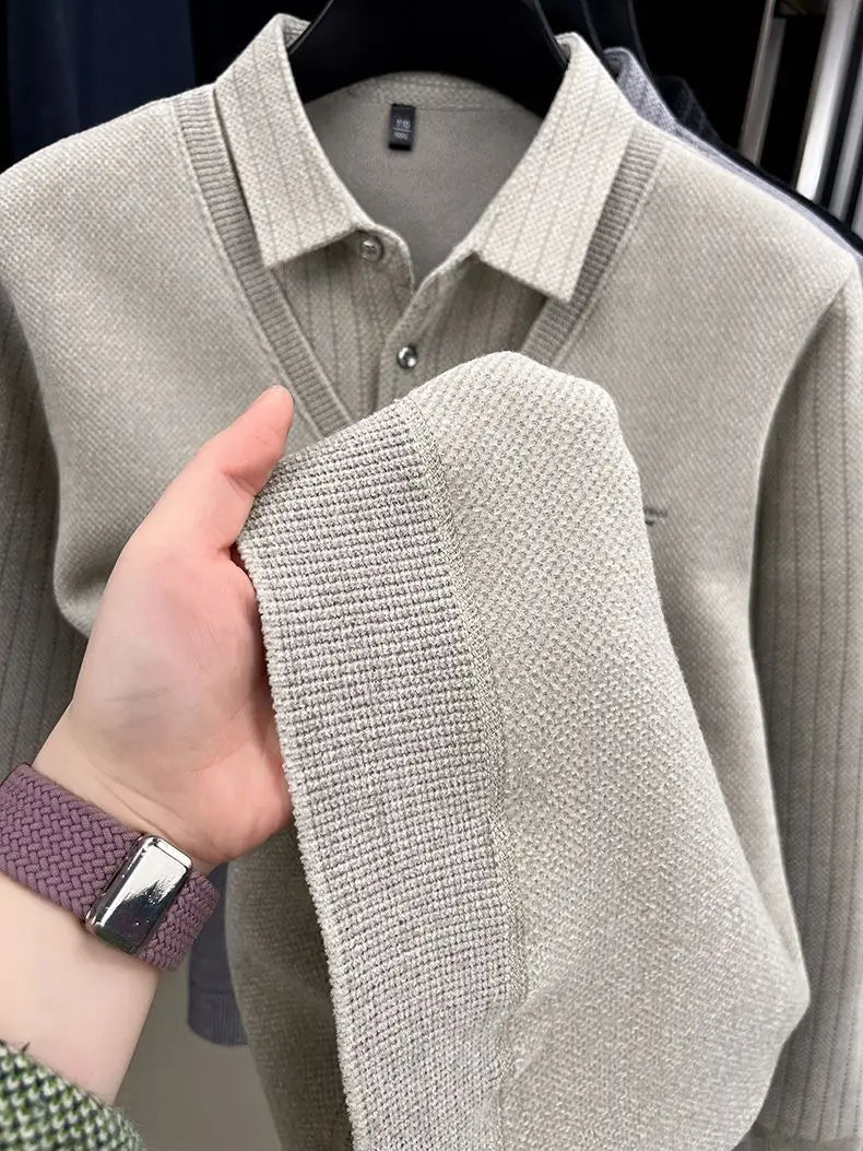The Woolby Knit— Polo Collar Stripe Patchwork Thickened Wool Sweater