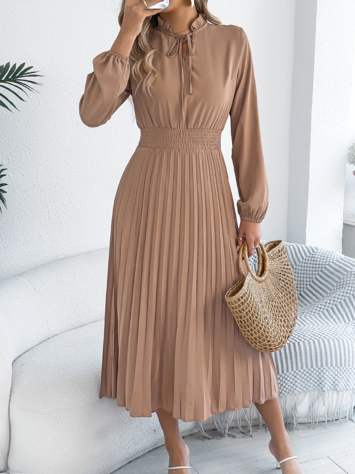 brown pleated dress