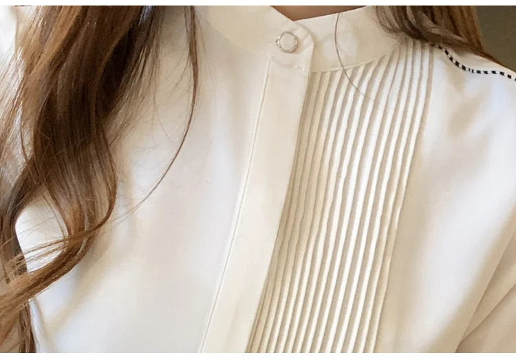 The Office Muse — Pleated Bib Stand Collar Long Sleeve Chiffon Blouse