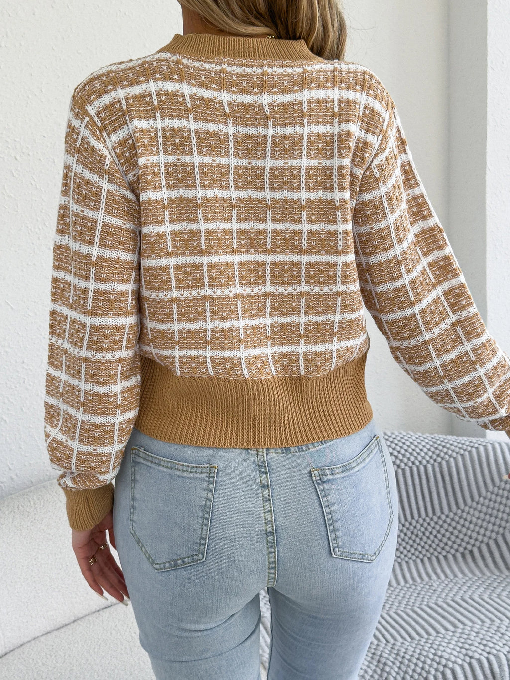 The Plaid Knit — Contrast Plaid Knitted Cardigan