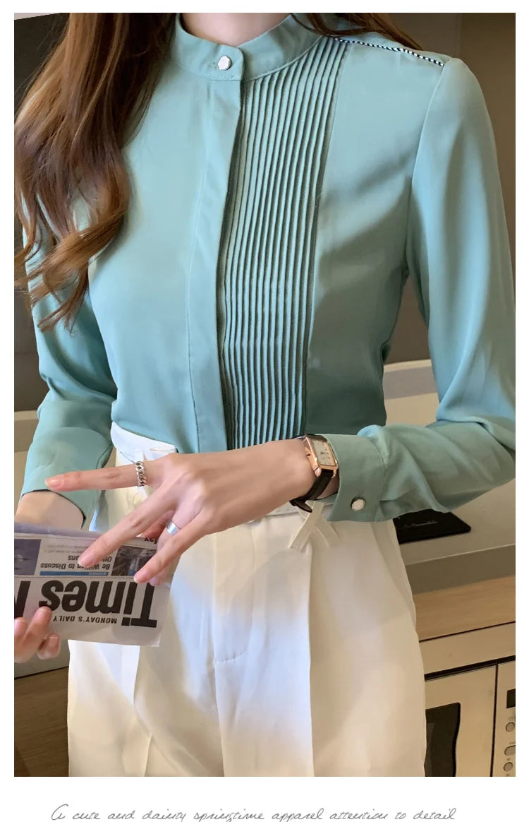 The Office Muse — Pleated Bib Stand Collar Long Sleeve Chiffon Blouse