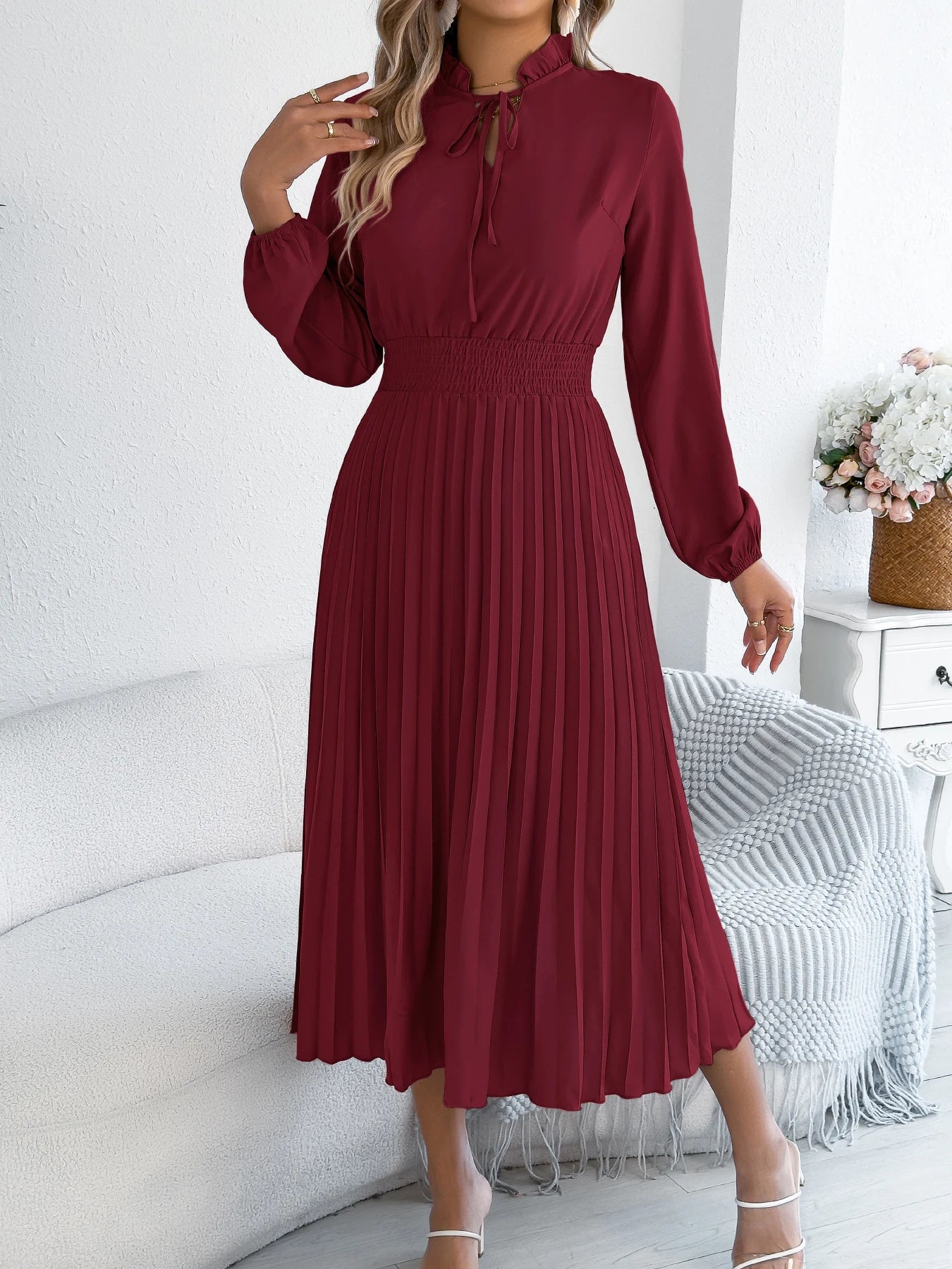 The Pleated Drape — V-Neck Lace-Up Pleated Maxi Dress