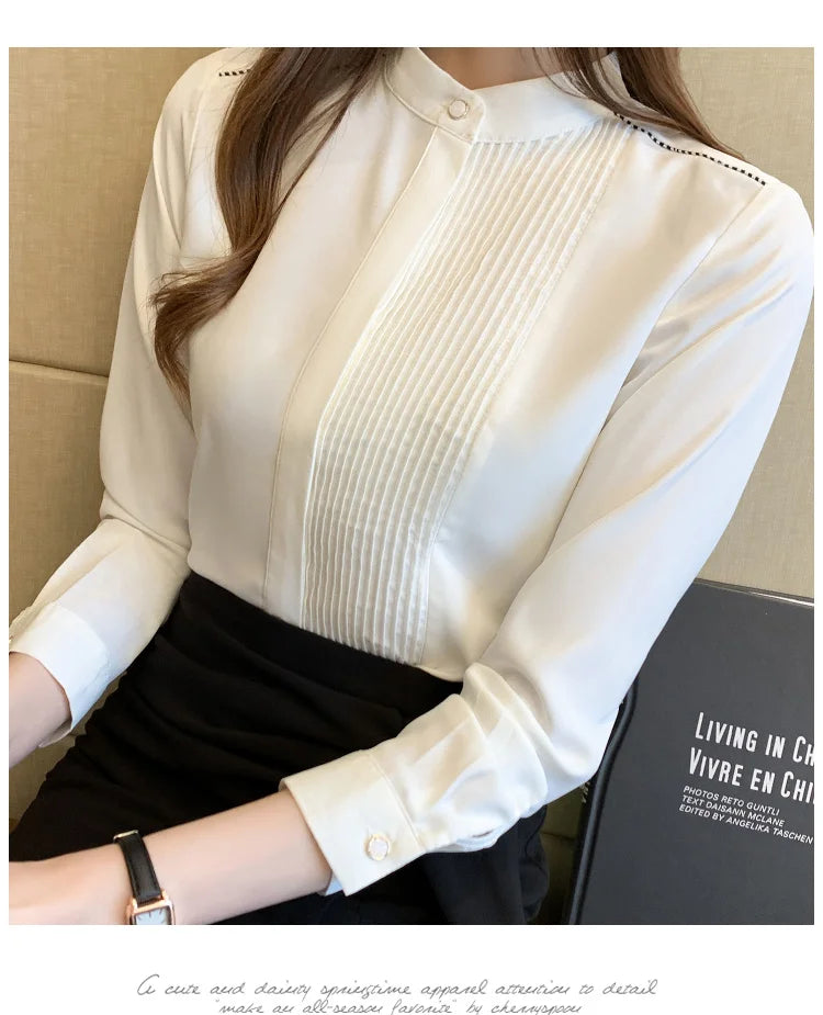 The Office Muse — Pleated Bib Stand Collar Long Sleeve Chiffon Blouse