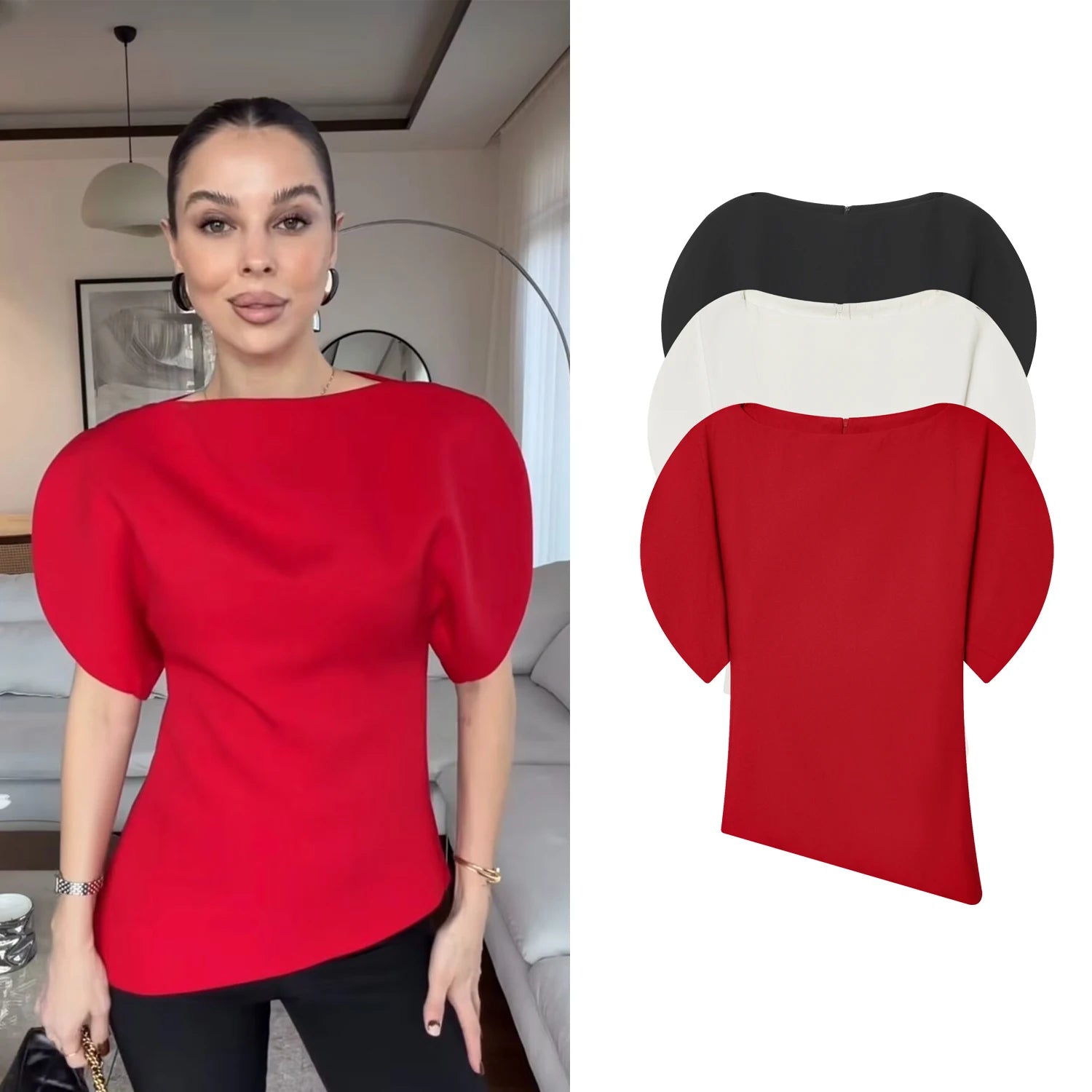The Puff Moment — O-Neck Short Puff Open-Side Sleeve Top