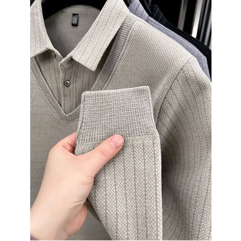 The Woolby Knit— Polo Collar Stripe Patchwork Thickened Wool Sweater