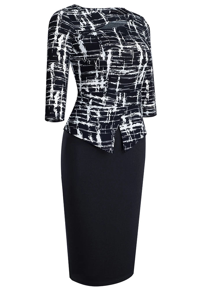 The Garden Party — Floral Patchwork Button ¾ Sleeve Bodycon Dress