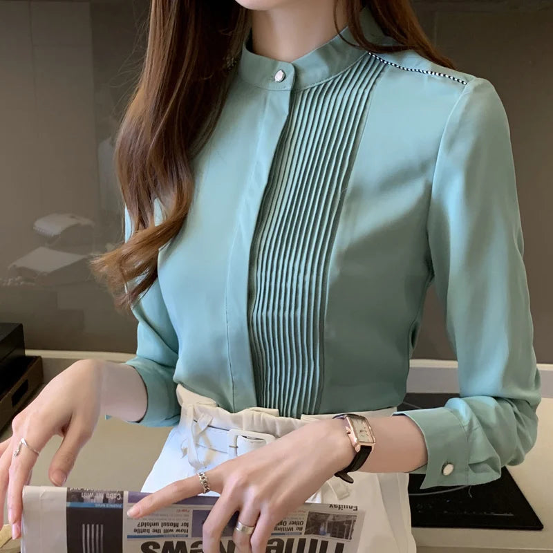 The Office Muse — Pleated Bib Stand Collar Long Sleeve Chiffon Blouse